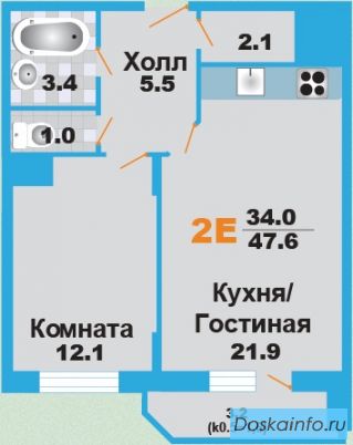 Двухкомнатная квартира (Евро) 47.60 кв.м. Микрорайон 'Лобня Сити' (Московская обл.)