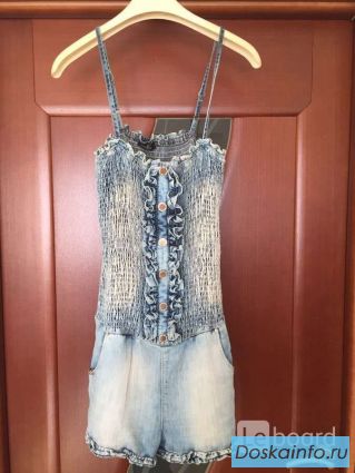 Комбинезон elisabetta franchi celyn m 46 27 б/у шорты джинсовый резинка голубой синий оборки лето