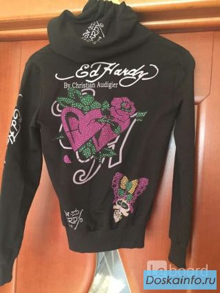 Толстовка новая ed hardy 46 м черная замок капюшон хлопок стразы сваровски металл цветы розовые крис